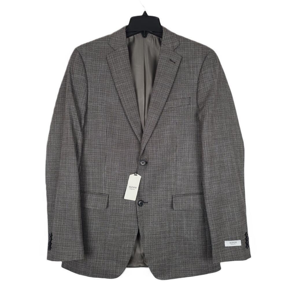 Alfani Mens Slim Fit Suit Jacket Blazer 38L Brown Black Houndstooth Stretch NWT